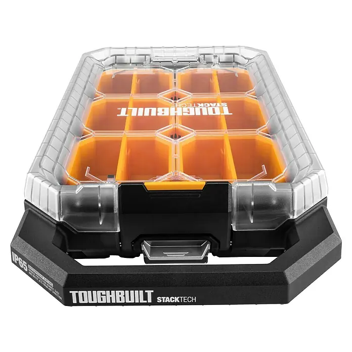 ToughBuilt StackTech Kleinteilmagazin - L x B x H: 9,4 x 26 x 4,7 cm, Kunststoff, Anzahl Fächer: 12 Stk. - Schwarz-transparenter Modul-Organizer mit gelben Fächern und IP65 Wetterschutz.