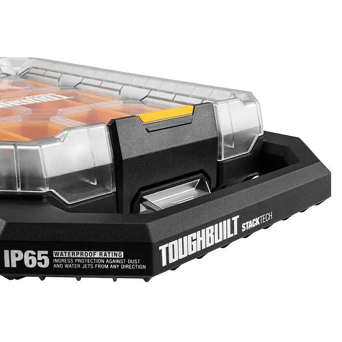 ToughBuilt StackTech Kleinteilmagazin - L x B x H: 9,4 x 26 x 4,7 cm, Kunststoff, Anzahl Fächer: 12 Stk. - Schwarzer und transparenter Werkzeug-Organizer mit gelben Akzenten, IP65 wasser- und staubdicht, mit ToughBuilt StackTech Beschriftung.