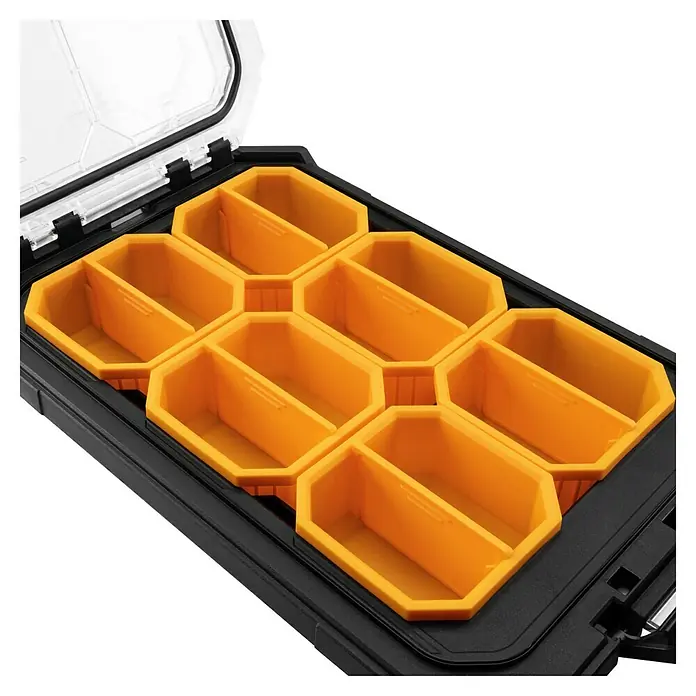 ToughBuilt StackTech Kleinteilmagazin - L x B x H: 9,4 x 26 x 4,7 cm, Kunststoff, Anzahl Fächer: 12 Stk. - Offene schwarze Organizer-Box mit mehreren gelben, herausnehmbaren Aufbewahrungsfächern für Kleinteile.