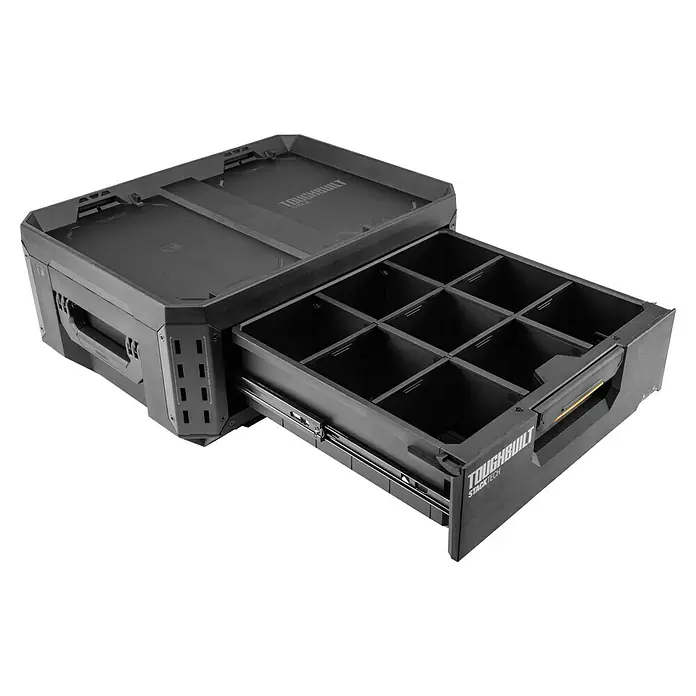 ToughBuilt StackTech Werkzeugkasten mit Schublade - L x B x H: 40 x 53 x 18 cm, Kunststoff - Das Toughbuilt StackTech Schubladen-Werkzeugmodul bietet eine robuste und organisierte Aufbewahrungslösung für Werkzeuge und Zubehör.