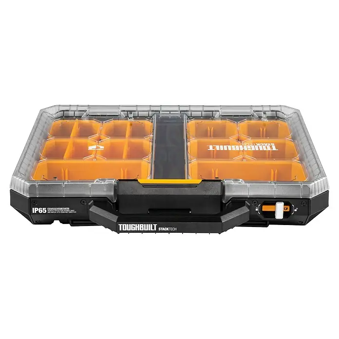 ToughBuilt StackTech Kleinteilmagazin - L x B x H: 47 x 53 x 9,4 cm, Kunststoff, Anzahl Fächer: 10 Stk. - Toughbuilt Stacktech IP65 wasserdichter stapelbarer Kleinteileorganizer mit transparentem Deckel, schwarzer Basis und gelben Fächern.
