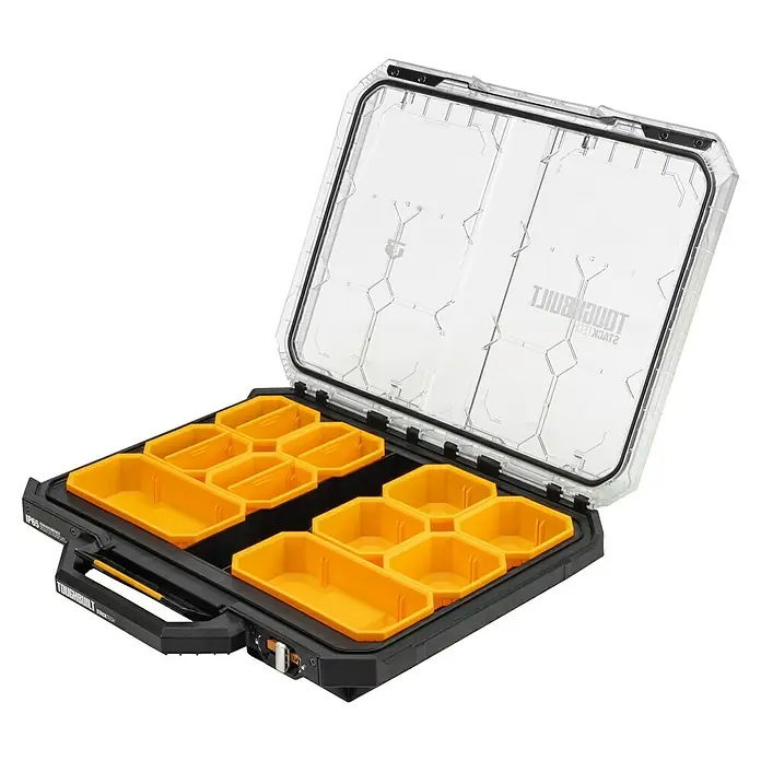 ToughBuilt StackTech Kleinteilmagazin - L x B x H: 47 x 53 x 9,4 cm, Kunststoff, Anzahl Fächer: 10 Stk. - Offener schwarzer Werkzeugkasten mit transparentem Deckel und gelben modularen Fächern für Kleinteile.
