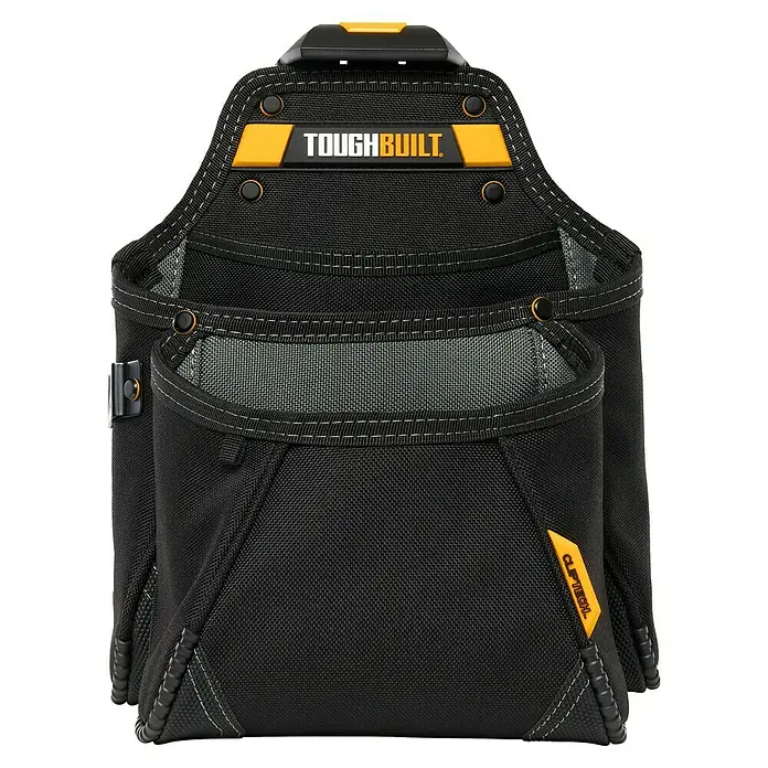 ToughBuilt ClipTech Bolsa para herramientas TB-CT-03 - L x An x Al: 270 x 200 x 360 mm, Número de bolsillos: 7 ud. - Primer plano de un soporte de bolsa de herramientas ToughBuilt negro y amarillo. Ideal para organizar y llevar herramientas en el trabajo.