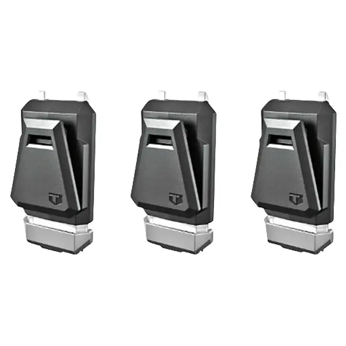 ToughBuilt StackTech Systemverbinder - L x B x H: 8,2 x 5 x 2,5 cm, Kunststoff, 3 Stk. - Drei graue T-förmige Geräte mit silberfarbenen Sockeln werden auf einem schwarzen Hintergrund gezeigt.