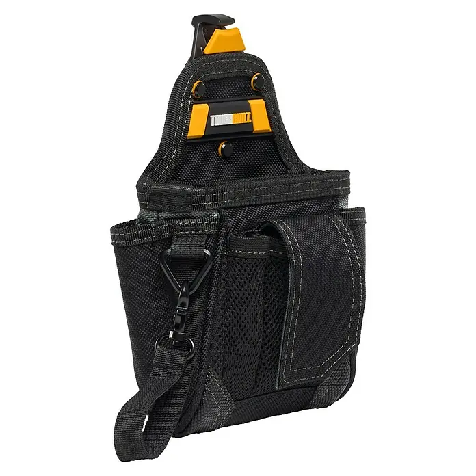 ToughBuilt ClipTech Werkzeugtasche mit Haken und Schlaufe - L x B x H: 8 x 19 x 26 cm, Polyester - Abbildung einer schwarzen ToughBuilt Werkzeugtasche. Robuste Konstruktion mit mehreren Fächern und praktischem Clip für Gürtelbefestigung.