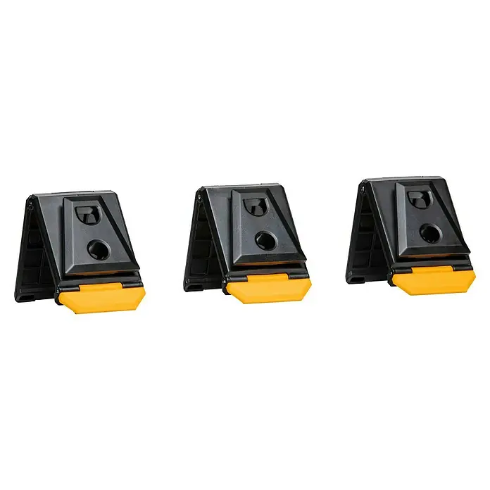 ToughBuilt ClipTech Systemverbinder - L x B x H: 2,5 x 5,3 x 8,1 cm, ABS, 3 Stk. - Drei schwarze und gelbe Nivellierblöcke für Wohnmobile, die für eine stabile Aufstellung auf unebenem Gelände verwendet werden.