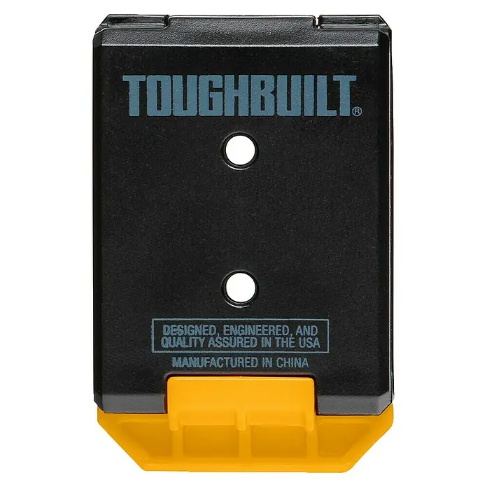 ToughBuilt ClipTech Systemverbinder - L x B x H: 2,5 x 5,3 x 8,1 cm, ABS, 3 Stk. - Nahaufnahme eines Toughbuilt-Produkts in Schwarz und Gelb, entworfen in den USA, aber hergestellt in China.
