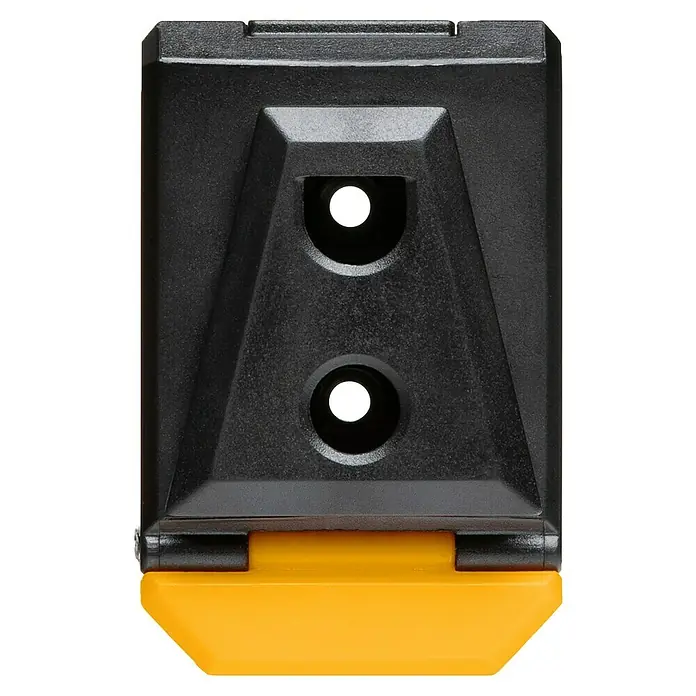 ToughBuilt ClipTech Conector del sistema TB-CT-150 - L x An x Al: 2,5 x 5,3 x 8,1 cm, ABS, 3 ud. - Primer plano de un dispositivo de medición negro con base amarilla y dos cortes circulares, destacando la precisión del producto.
