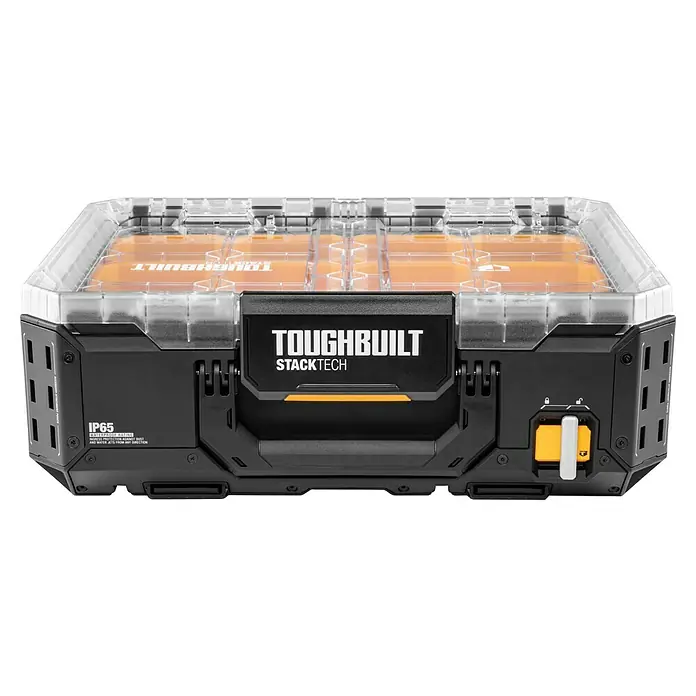 ToughBuilt StackTech Kleinteilmagazin - L x B x H: 40 x 53 x 18 cm, Kunststoff, Anzahl Fächer: 8 Stk. - Das Bild zeigt eine Toughbuilt StackTech Werkzeugkiste, die robust und ideal für die Aufbewahrung ist.