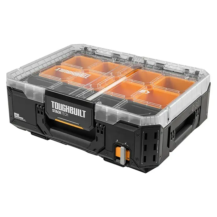 ToughBuilt StackTech Kleinteilmagazin - L x B x H: 40 x 53 x 18 cm, Kunststoff, Anzahl Fächer: 8 Stk. - Hier ist ein robuster ToughBuilt StackTech Werkzeugkasten mit transparentem Deckel und orangefarbenen Einsätzen zur Aufbewahrung.