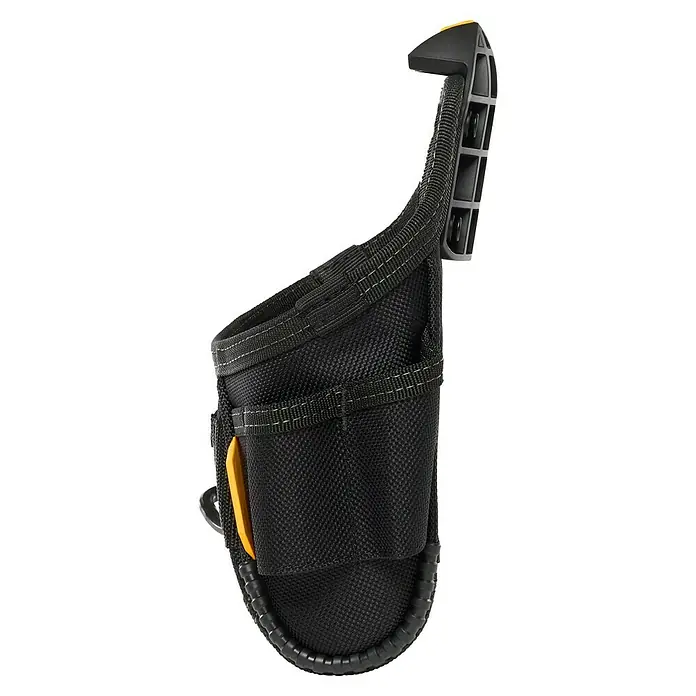 ToughBuilt ClipTech Bolsa para herramientas TB-CT-24 - L x An x Al: 115 x 252 x 50 mm, Poliéster, Soporte para el martillo - Primer plano de una bolsa de herramientas negra con detalles amarillos y un clip para sujetarla al cinturón. Práctica para artesanos y aficionados al bricolaje.