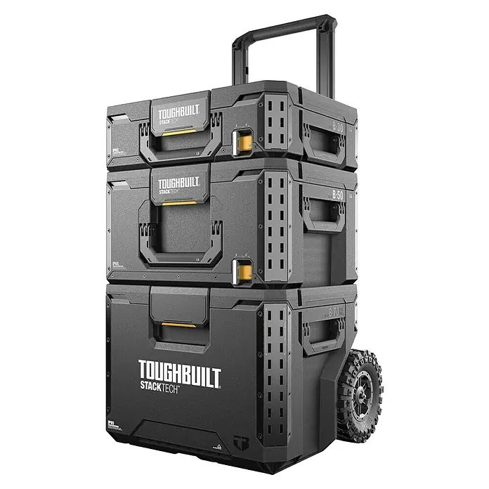 ToughBuilt StackTech Juego de cajas de herramientas TB-B1S3-B-70R - L x An x Al: 50 x 56 x 83 cm, 3 pzs., Ruedas - Torre de herramientas rodante ToughBuilt StackTech con diseño robusto. Solución de almacenamiento y transporte ideal para artesanos y talleres.
