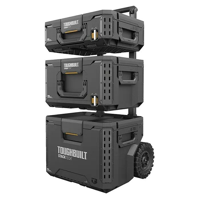 ToughBuilt StackTech Werkzeugkoffer-Set 3-tlg. - L x B x H: 50 x 56 x 83 cm, 3 -tlg., Räder - Drei graue, robuste ToughBuilt StackTech Stapelboxen, die unterste Einheit hat Räder.