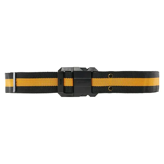 ToughBuilt ClipTech Cinturón portaherramientas TB-CT-42 - Ajustable, 81 cm - 122 cm - La imagen muestra un cinturón negro con una franja amarilla en el centro, asegurado por una hebilla negra moderna, un accesorio elegante.