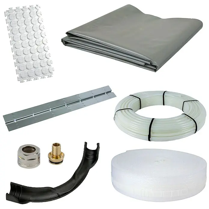 Solarfloor Fußbodenheizung Trockenplatten Komplettpaket - Beheizbare Fläche: 8 m², 620 x 1.200 mm - Verschiedene Komponenten für eine Fußbodenheizung, darunter Noppenplatten, eine PE-Folie und Heizrohre.