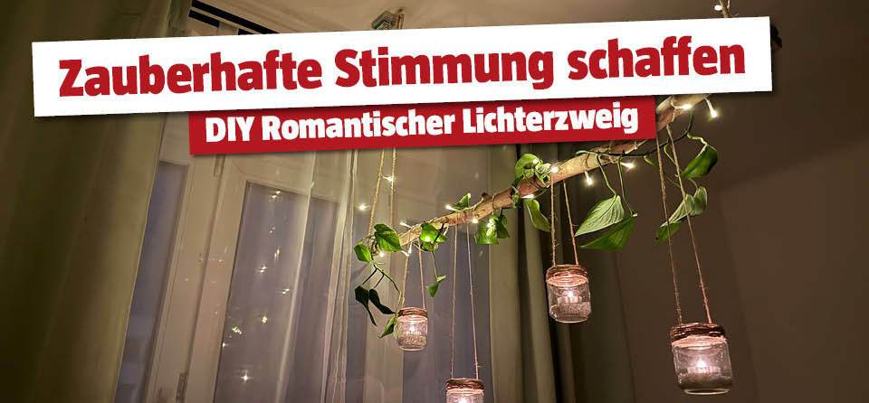 Titelbild mit einem Deko Ast, Lichterkette und Teelichtern 