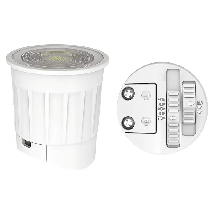 Alverlamp Bombilla LED MR16 módulo - GU10, Intensidad regulable, Blanco cálido, 1.150 lm, 6 W - 10 W - Un foco empotrable LED blanco que muestra ajustes de temperatura de color y brillo para una personalización óptima de la iluminación.