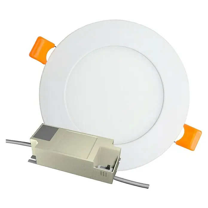 Alverlamp Downlight empotrable LED redondo - 6 W, Ø x Al: 12 x 1,5 cm, Blanco cálido - Lámpara de techo LED blanca con clips de montaje naranjas y una caja de conexiones para una fácil instalación. Perfecto para interiores modernos.