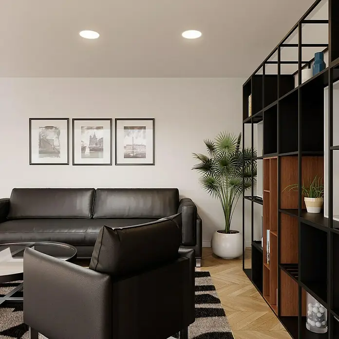 Alverlamp Downlight empotrable LED redondo - 20 W, Ø x Al: 22 x 1,5 cm, Negro, Blanco cálido - Elegante sala de estar con sofá y sillón de cuero negro, y una estantería moderna. La planta añade un toque fresco al espacio.