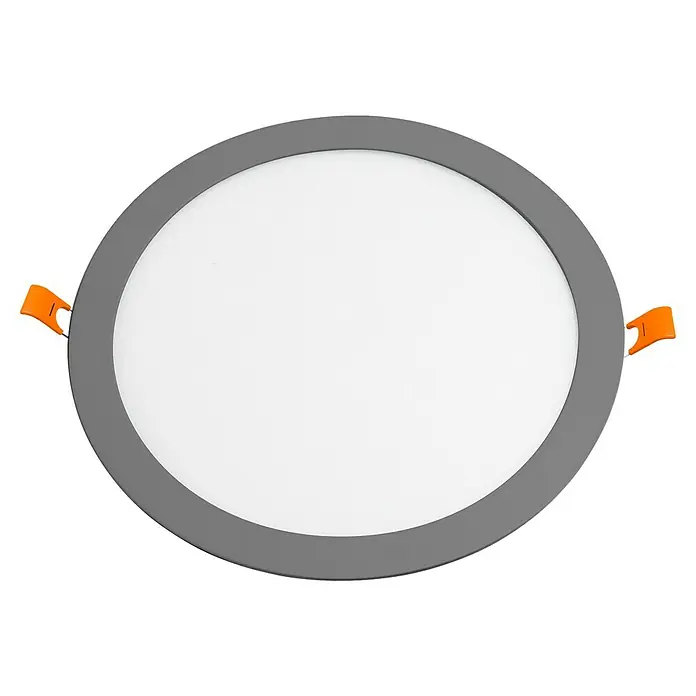 Alverlamp Downlight empotrable LED redondo - 20 W, Ø x Al: 22 x 1,5 cm, Negro, Blanco cálido - Lámpara de techo LED redonda con marco gris y clips de montaje naranjas para instalación empotrada.