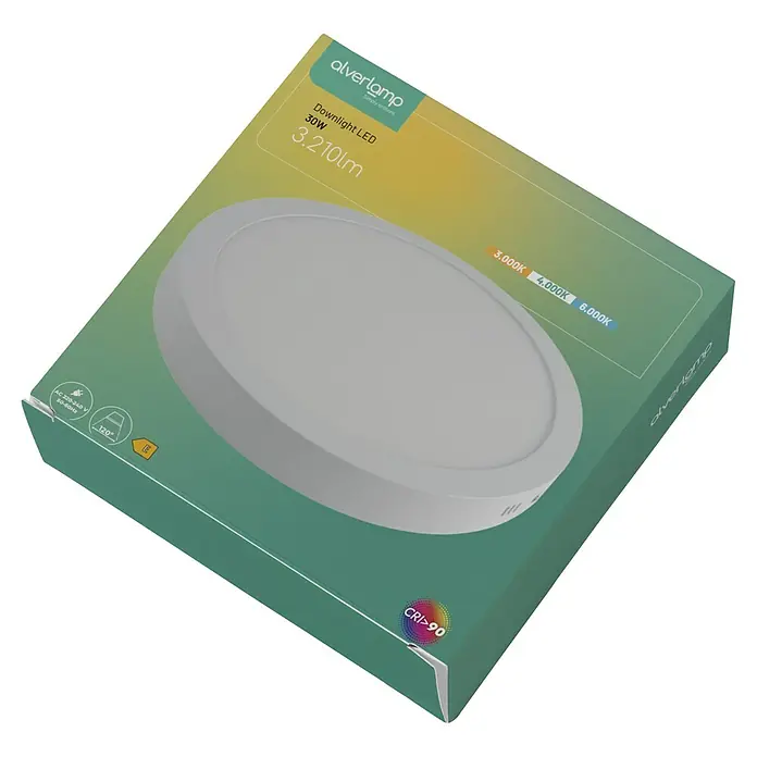 Alverlamp Downlight empotrable LED redondo - 30 W, Ø x Al: 30 x 3,2 cm, Blanco cálido - Primer plano del embalaje de un downlight LED redondo Alverlamp con detalles técnicos.