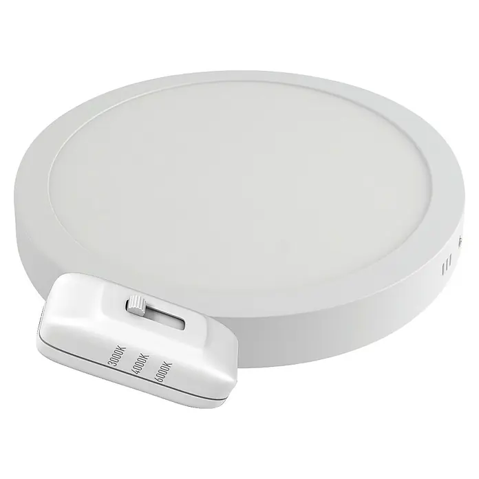 Alverlamp Downlight empotrable LED redondo - 30 W, Ø x Al: 30 x 3,2 cm, Blanco cálido - Primer plano de una lámpara de techo LED redonda con temperatura de color ajustable. La luz es blanca y viene con un interruptor para ajustarla.