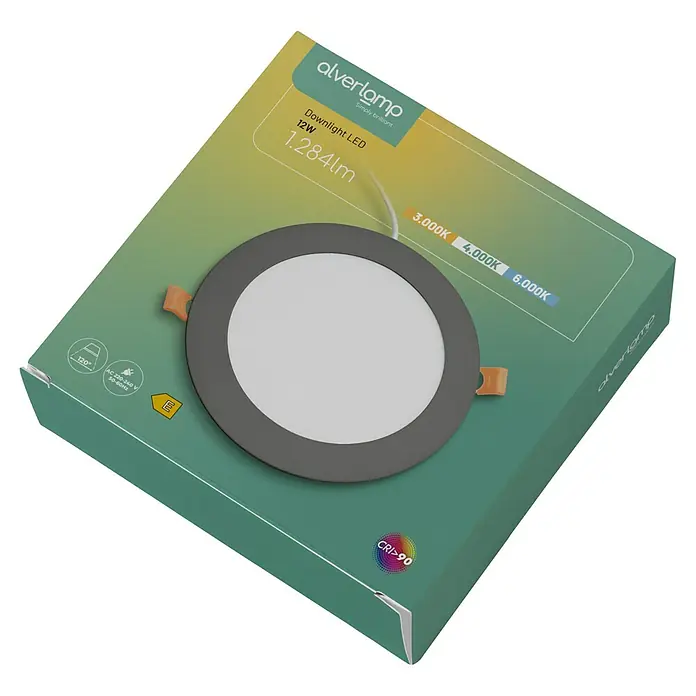 Alverlamp Downlight empotrable LED redondo - 12 W, Ø x Al: 16,7 x 1,5 cm, Negro, Blanco cálido - Primer plano del embalaje de una lámpara LED Alverlamp Downlight, 12W 1.284lm, que muestra las opciones de temperatura de color y las especificaciones técnicas.