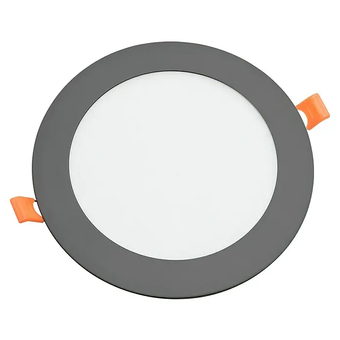 Alverlamp Downlight empotrable LED redondo - 12 W, Ø x Al: 16,7 x 1,5 cm, Negro, Blanco cálido - Primer plano de una lámpara de techo LED redonda con marco gris y clips naranjas para su instalación.