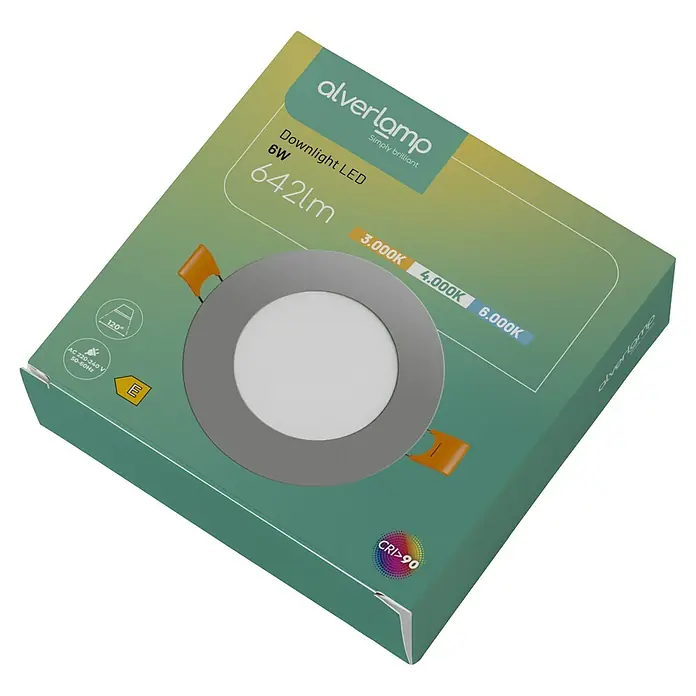 Alverlamp Downlight empotrable LED redondo - 6 W, Ø x Al: 12 x 1,5 cm, Negro, Blanco cálido - Primer plano de un embalaje de downlight LED Alverlamp 6W, destacando su brillo, temperatura de color y eficiencia energética.