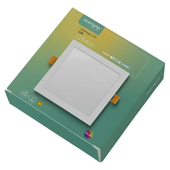Alverlamp Downlight LED empotrable - 12 W, L x An x Al: 16,7 x 16,7 x 1,5 cm, Blanco, Blanco cálido - Primer plano de un Downlight LED Alverlamp, 12W, que muestra su salida de 1.284lm, ofreciendo una solución de iluminación brillante y eficiente.