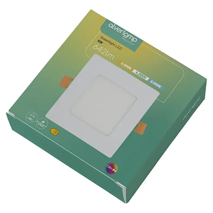 Alverlamp Downlight LED empotrable - 6 W, L x An x Al: 12 x 12 x 1,5 cm, Blanco, Blanco cálido - Primer plano de una lámpara LED Alverlamp Downlight de 6W y 642lm, ideal para una iluminación brillante y energéticamente eficiente.