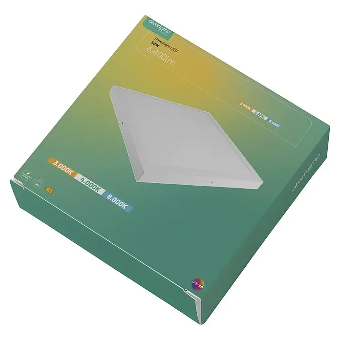 Alverlamp Downlight LED empotrable - 50 W, L x An x Al: 50 x 50 x 4 cm, Blanco cálido - La imagen muestra un downlight LED cuadrado en un embalaje con información sobre potencia, flujo luminoso y temperatura de color.