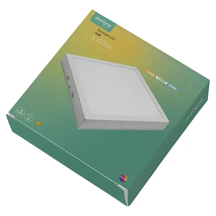 Alverlamp Downlight LED empotrable - 40 W, L x An x Al: 40 x 40 x 4 cm, Blanco cálido - Imagen de una lámpara LED cuadrada Alverlamp Downlight de 40W y 5.120lm, sobre un paquete con indicación de temperatura de color.