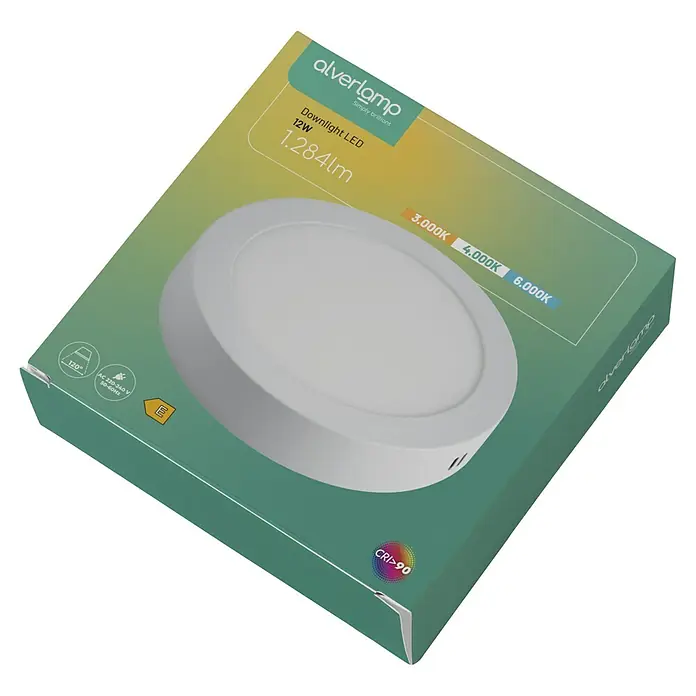Alverlamp Downlight LED empotrable - 12 W, L x An x Al: 17 x 17 x 3,2 cm, Blanco cálido, Blanco - Primer plano del paquete de una lámpara Alverlamp Downlight LED, destacando sus características y diseño.
