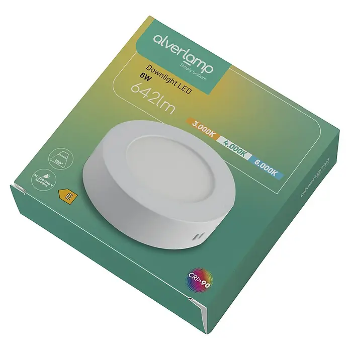 Alverlamp Foco downlight de superficie LED - 6 W, Ø x Al: 12 x 3,2 cm, Blanco cálido - Primer plano de un paquete de downlight LED Alverlamp con detalles técnicos y el producto en sí.