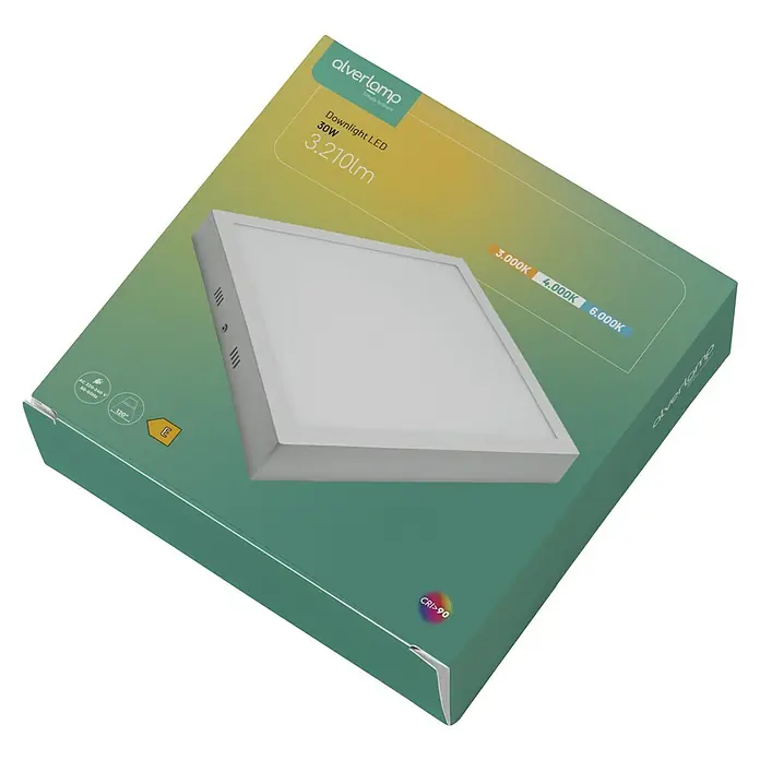 Alverlamp Downlight LED empotrable - 30 W, L x An x Al: 30 x 30 x 3,2 cm, Blanco cálido - Primer plano de un downlight LED cuadrado de Alverlamp de 30 W y 3210 lm, que ofrece temperaturas de color blanco cálido a blanco frío.