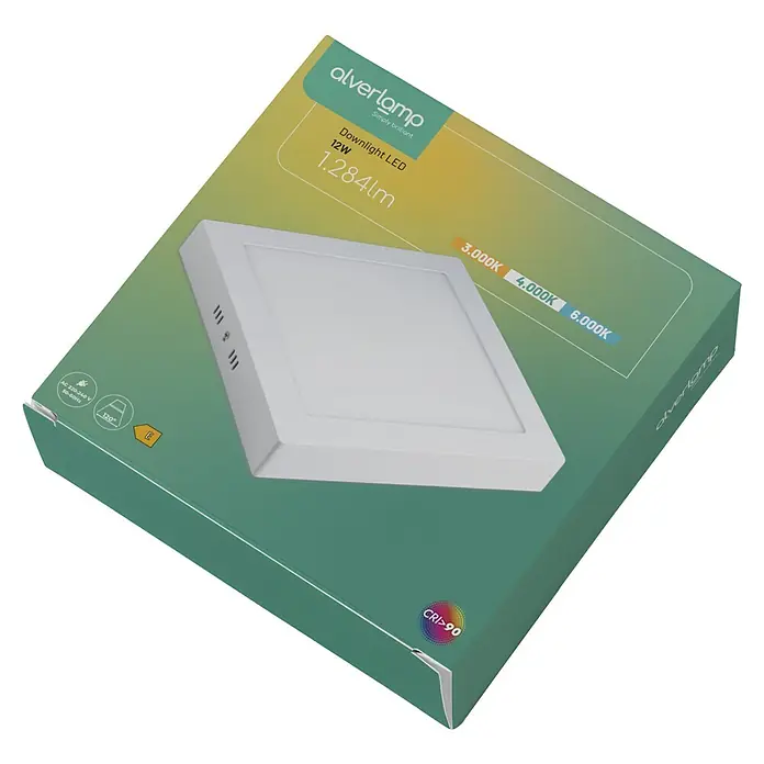 Alverlamp Downlight LED empotrable - 12 W, L x An x Al: 17 x 17 x 3,2 cm, Blanco cálido - Primer plano de una lámpara LED Downlight Alverlamp de forma cuadrada, empaquetada en una caja verde y amarilla con detalles técnicos.