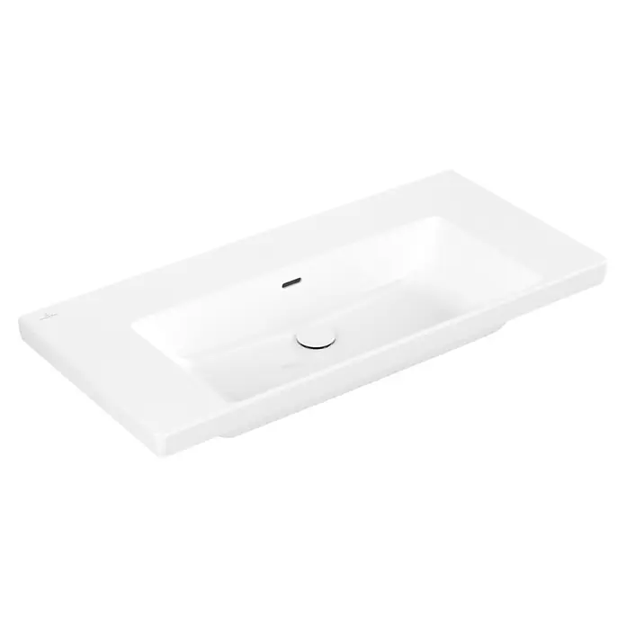 Villeroy & Boch Subway 3.0 Aufsatzwaschbecken - 100 x 47 cm, Ohne Spezialglasur, Hahnloch: Ohne, Mit Überlauf, Weiß Alpin - Weißes, rechteckiges Keramik-Waschbecken mit Überlauf und rundem Ablaufdeckel.