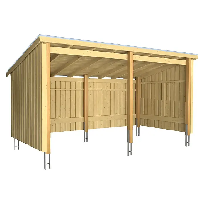 Plus Gartenhaus Multi - Außenmaß inkl. Dachüberstand (B x T): 446 x 240 cm, Holz, Natur, Offen inkl. H-Pfostenanker, Dachpappe und Aluleisten - Heller Holz-Carport oder Unterstand mit Schrägdach und Metallpfostenankern.