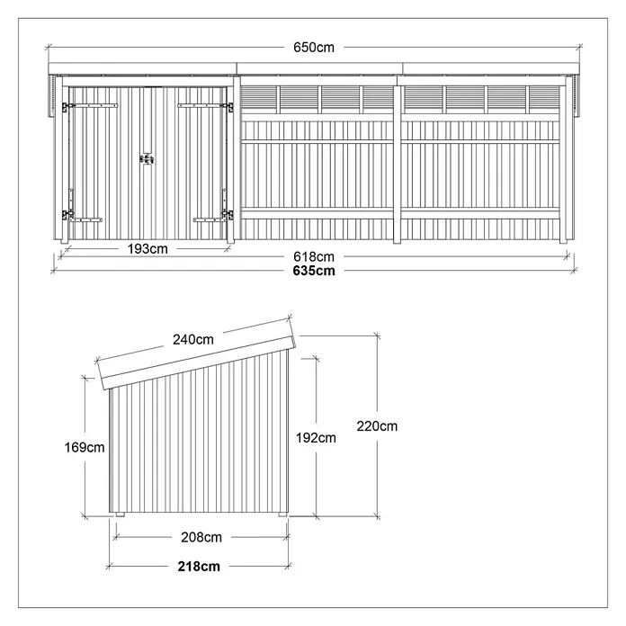 Plus Gartenhaus Nordic Multi (3 Module) - Außenmaß inkl. Dachüberstand (B x T): 650 x 240 cm, Holz, Halboffen inkl. H-Pfostenanker, Dachpappe und Aluleisten (2 offene Module) - Technische Zeichnung eines Holzschuppens mit Pultdach, Vorder- und Seitenansicht mit Maßen.