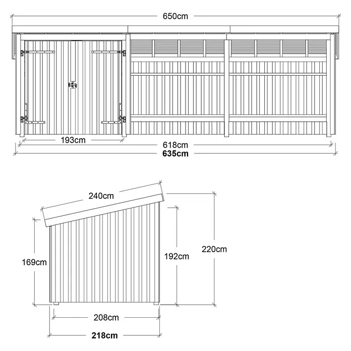 Plus Gartenhaus Nordic Multi (3 Module) - Außenmaß inkl. Dachüberstand (B x T): 650 x 240 cm, Holz, Halboffen (2 offene Module) - Bauplan eines Holzgartenhauses mit Vorder- und Seitenansicht, inklusive Maßen.