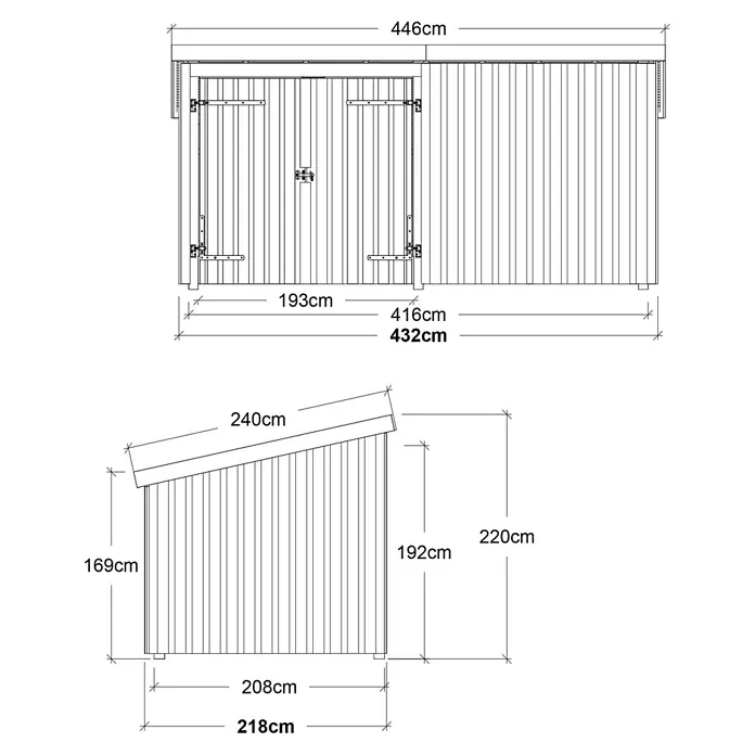Plus Gartenhaus Multi - Außenmaß inkl. Dachüberstand (B x T): 446 x 240 cm, Holz, Natur, Geschlossen inkl. Dachpappe und Aluleisten - Technische Zeichnungen eines Gartenhauses mit Vorder- und Seitenansicht und detaillierten Maßen.