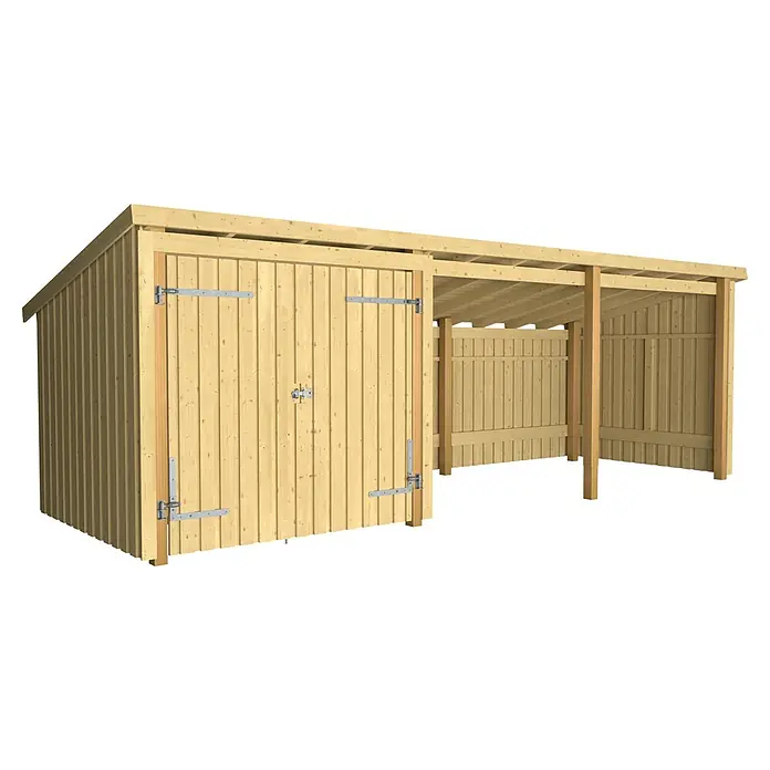 Plus Gartenhaus Nordic Multi (3 Module) - Außenmaß inkl. Dachüberstand (B x T): 650 x 240 cm, Holz, Halboffen (2 offene Module) - Hölzerner Geräteschuppen mit Doppeltüren und angebautem offenem Unterstand aus hellem Holz.