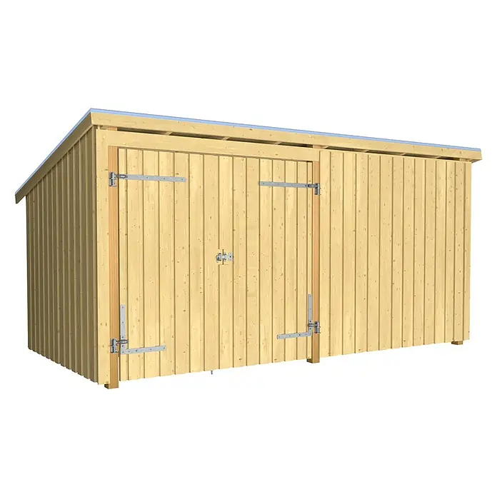 Plus Gartenhaus Multi - Außenmaß inkl. Dachüberstand (B x T): 446 x 240 cm, Holz, Natur, Geschlossen inkl. Dachpappe und Aluleisten - Heller Holzschuppen mit Pultdach und Flügeltüren.