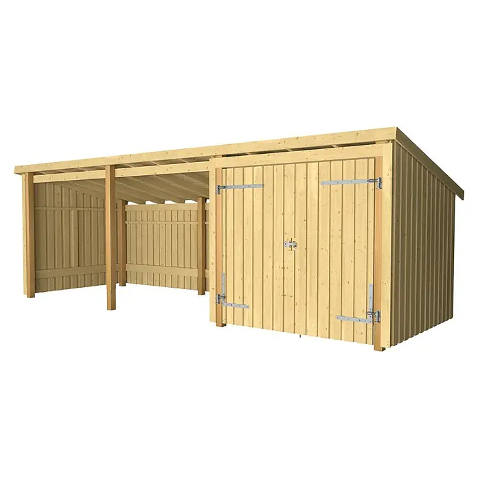 Plus Gartenhaus Nordic Multi (3 Module) - Außenmaß inkl. Dachüberstand (B x T): 650 x 240 cm, Holz, Halboffen (2 offene Module) - Geräteschuppen aus hellem Holz mit überdachtem Anbau.