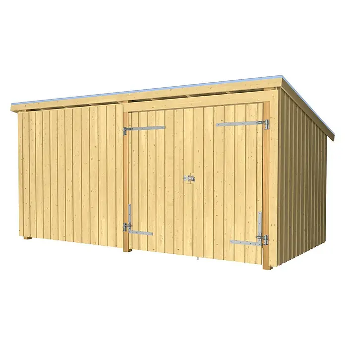 Plus Gartenhaus Multi - Außenmaß inkl. Dachüberstand (B x T): 446 x 240 cm, Holz, Natur, Geschlossen inkl. Dachpappe und Aluleisten - Heller Holzschuppen mit Doppeltüren und Pultdach.