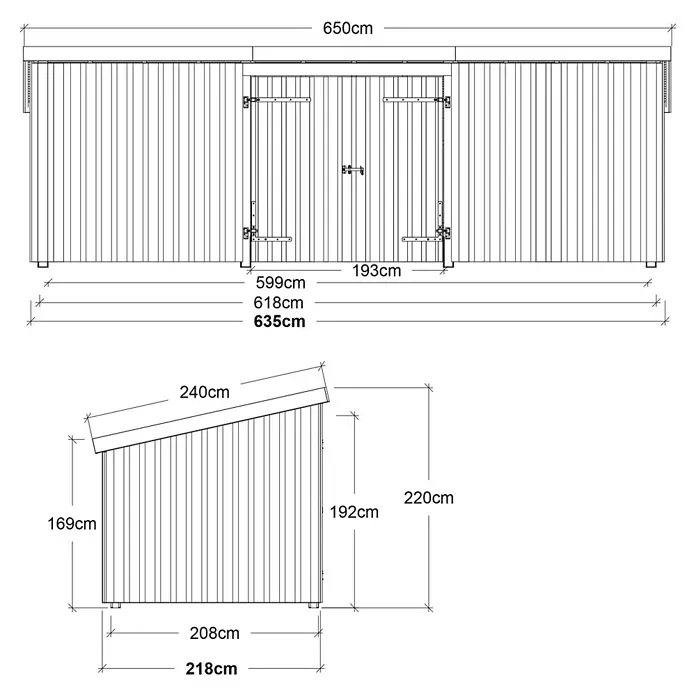 Plus Gartenhaus Multi Nordic - Außenmaß inkl. Dachüberstand (B x T): 650 x 240 cm, Holz, Geschlossen inkl. H-Pfostenanker, Dachpappe und Aluleisten - Architekturzeichnung eines Schuppens, Vorder- und Seitenansicht mit Doppeltüren, schrägem Dach und wichtigen Maßen.