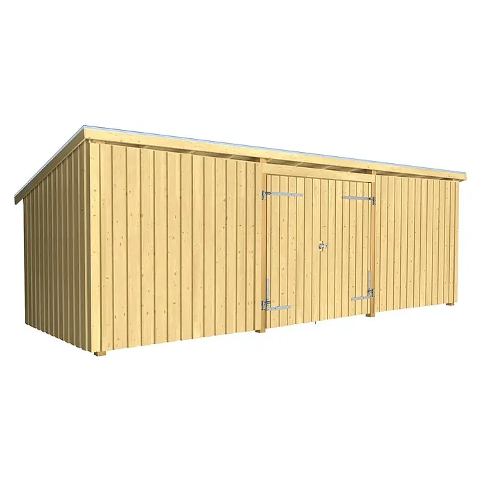 Plus Gartenhaus Multi Nordic - Außenmaß inkl. Dachüberstand (B x T): 650 x 240 cm, Holz, Geschlossen inkl. Dachpappe und Aluleisten - Heller Holzschuppen mit Pultdach und Doppeltüren.