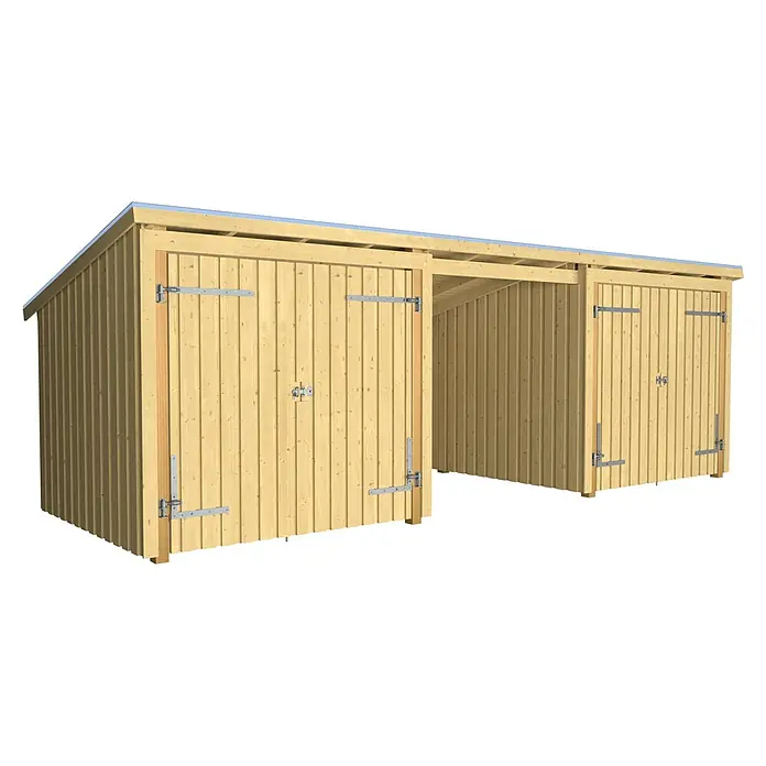 Plus Gartenhaus Nordic Multi (3 Module) - Außenmaß inkl. Dachüberstand (B x T): 650 x 240 cm, Holz - Zwei hellholzige Geräteschuppen mit Metallbeschlägen, einer geschlossen, einer offen.