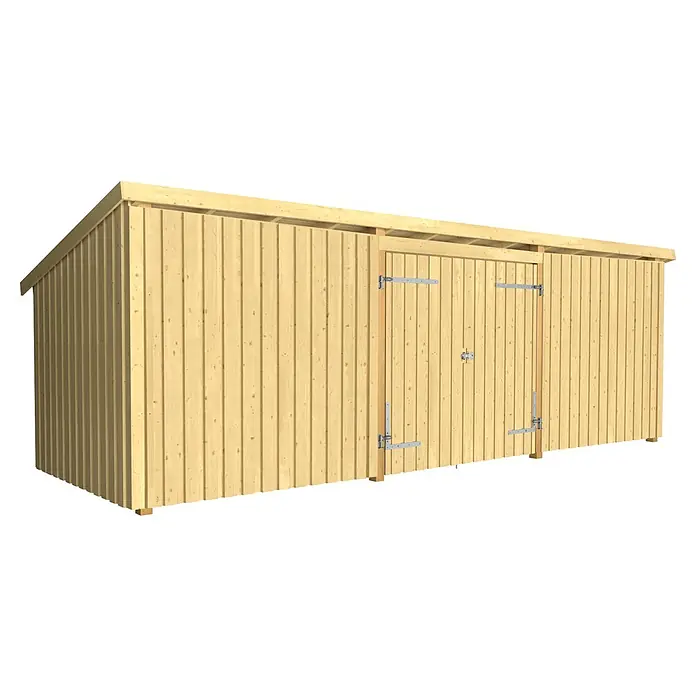 Plus Gartenhaus Nordic Multi - Außenmaß inkl. Dachüberstand (B x T): 650 x 240 cm, Geschlossen - Heller Holzschuppen mit Pultdach und Doppeltür, ausgestattet mit Metallscharnieren und Riegel.